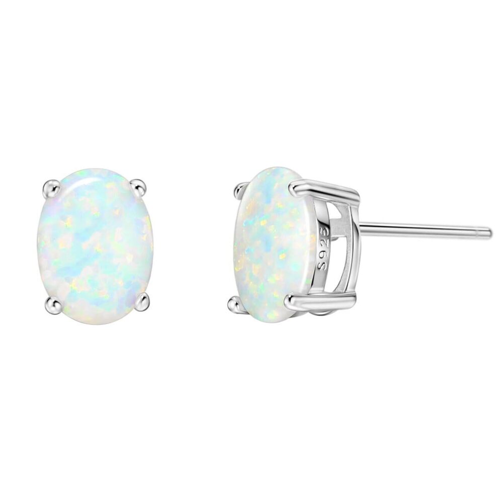 Opal Stud Earrings Sterling Silver 6x8mm Oval Cut
